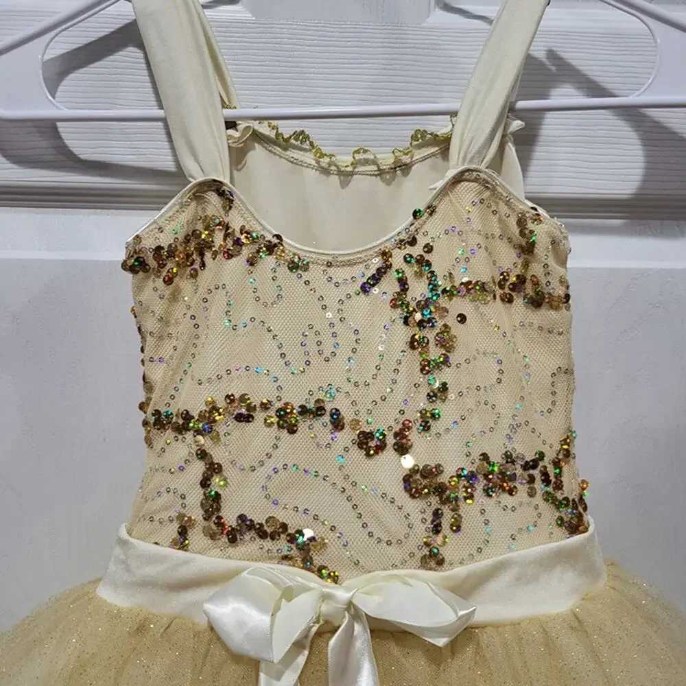 Beautiful ballerina costume Dress halloween pretend Gold tulle sequins sz LC